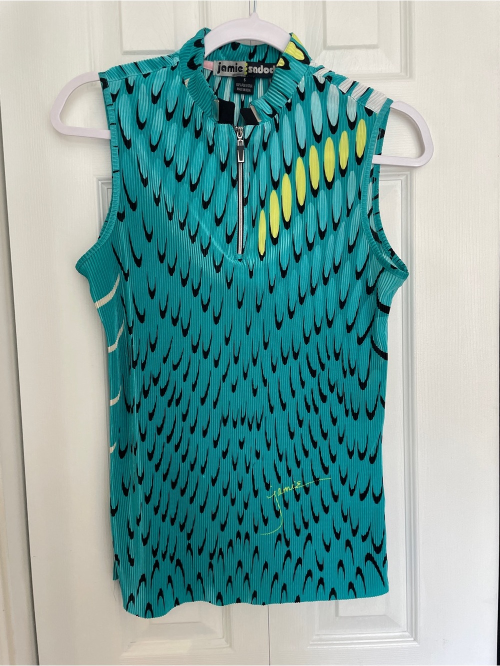 Jamie Sadock Teal Sleeveless Zip Golf Tank with Yellow Accents small